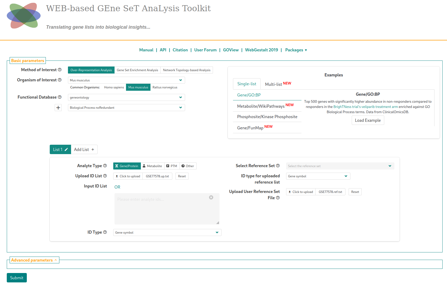 Input to WebGestalt ORA